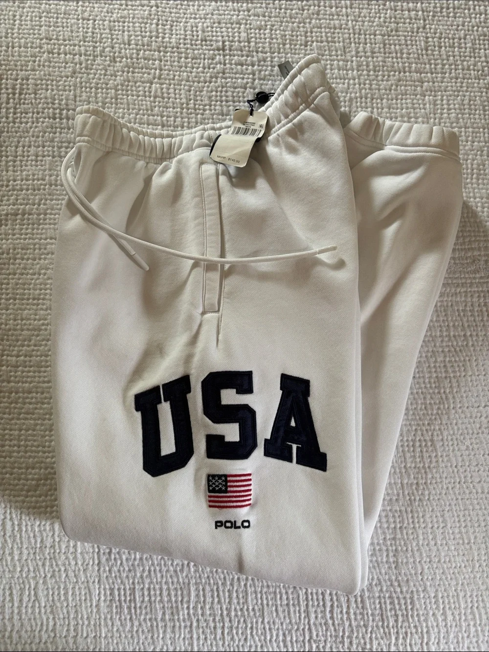 Polo by Ralph Lauren White USA Sweatpants with Navy Embroidery